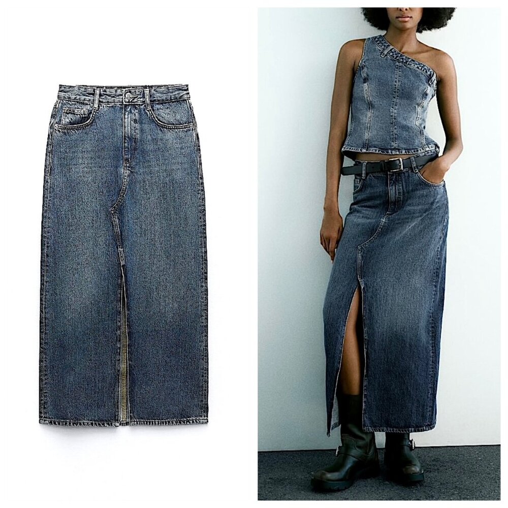 New Zara Long Blue Denim Maxi Skirt Front Slit Skirt Size Small - Picture 2 of 9